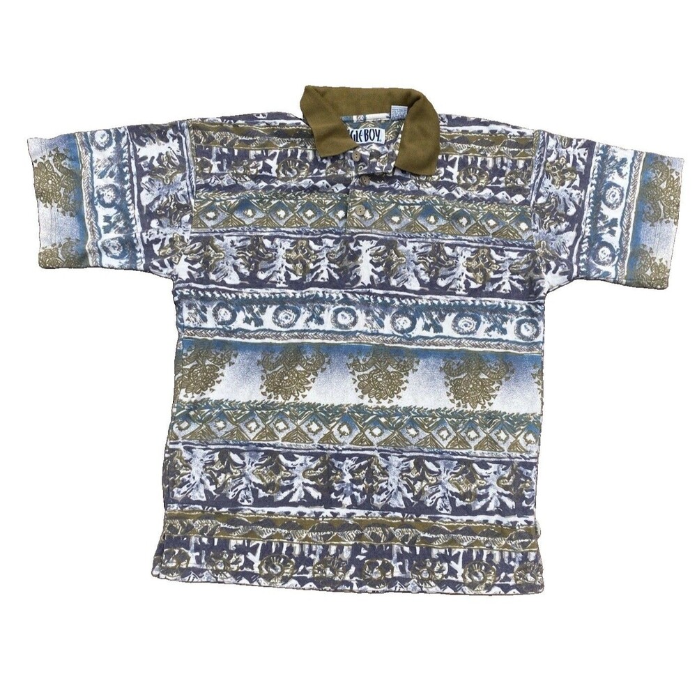 VTG Bugle Boy Polo Shirt Mens Medium 90s Aztec Tribal Pattern Multi Short Sleeve